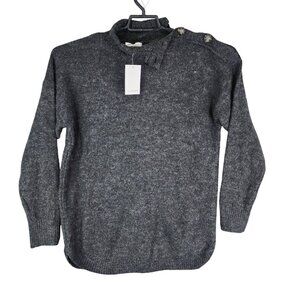 Womens Charcoal Gray Sweater Button Shoulder Long Sleeve Mock Neck Size L